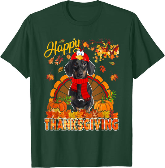 Thanksgiving Dachshund Wearing Turkey Costume Fall Leaves T-Shirt - T-Shirt | Forest