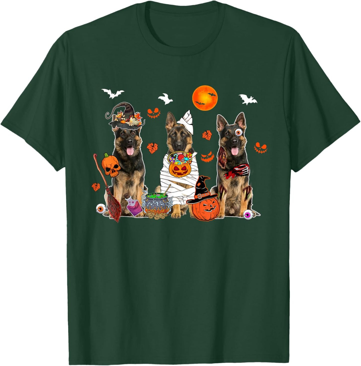 Three German Shepherds Witch Scary Mummy Halloween Zombie T-Shirt - T-Shirt | Forest