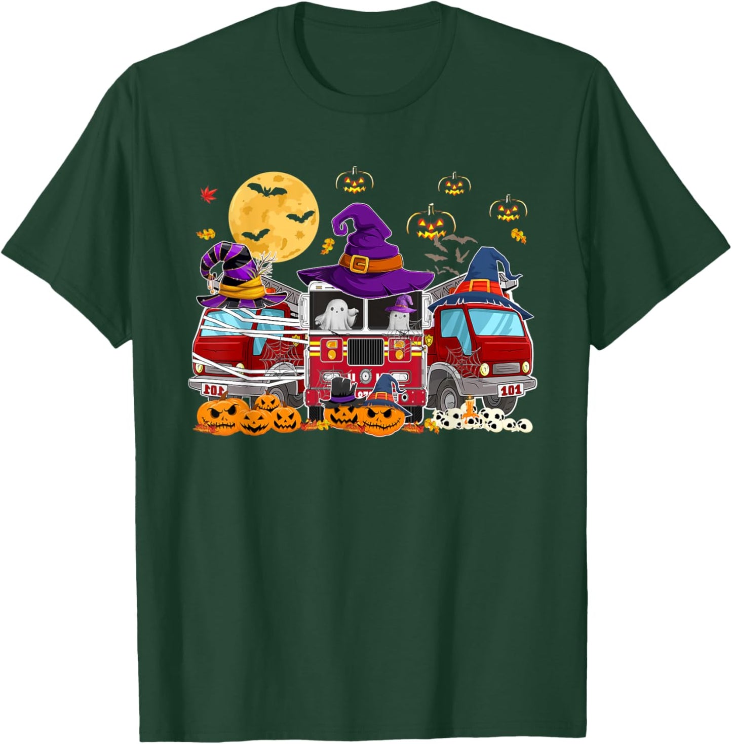 Happy Halloween Firefighter Fire Truck Halloween Kids T-Shirt - T-Shirt | Forest