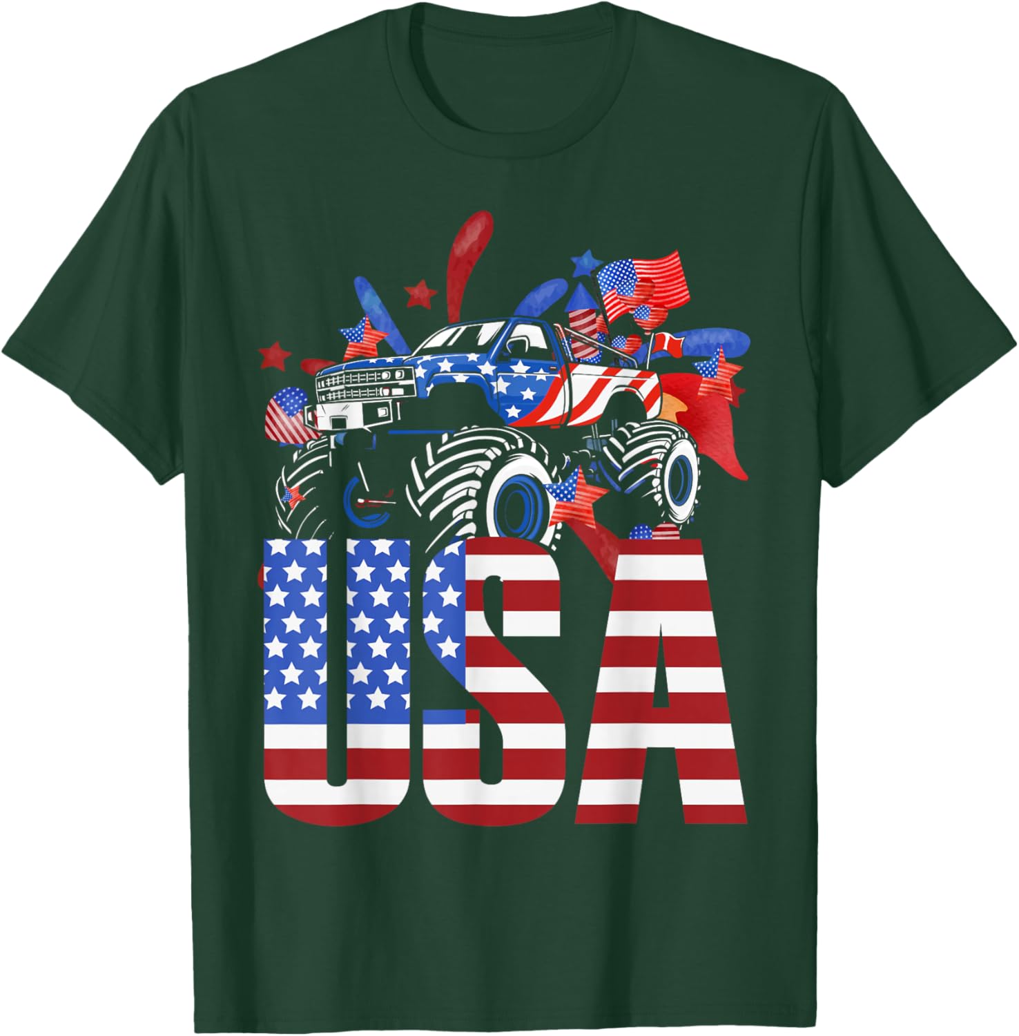 Monster Truck Toddler Boys USA American Flag July 4th Small T-Shirt - T-Shirt | Forest