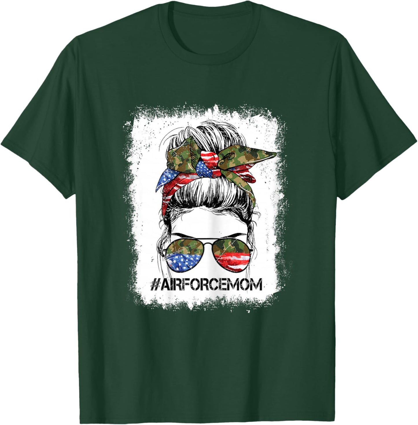All American Airforce Mom Messy Bun US Flag 4th of July T-Shirt - T-Shirt | Forest