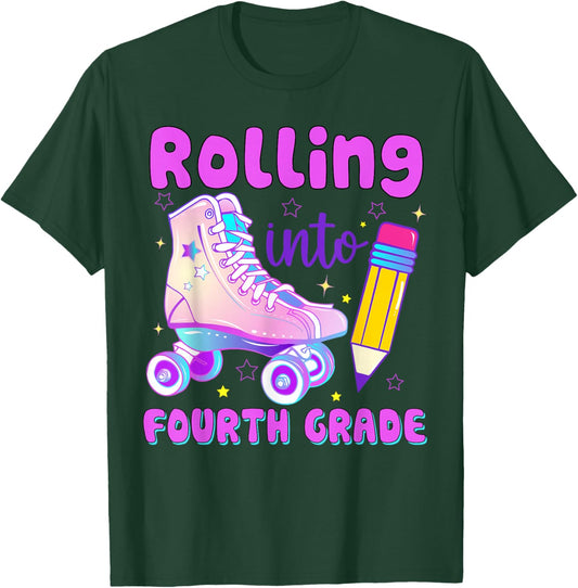 Rolling into Fourth Grade Roller Skate Back to School T-Shirt - T-Shirt | Forest