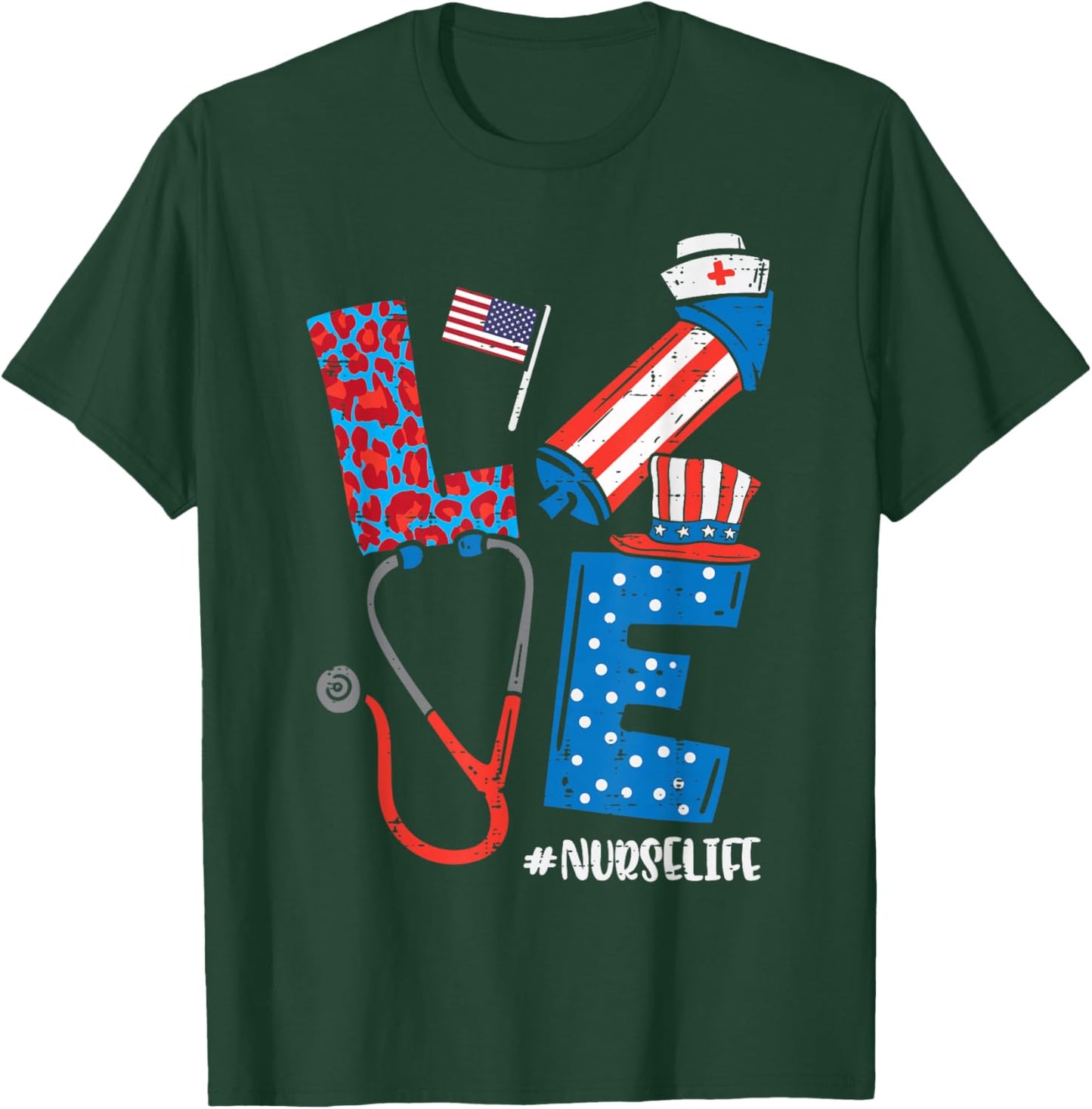 Love Leopard Nurse Life 4th Of July Scrub Top Patriot Women T-Shirt - T-Shirt | Forest