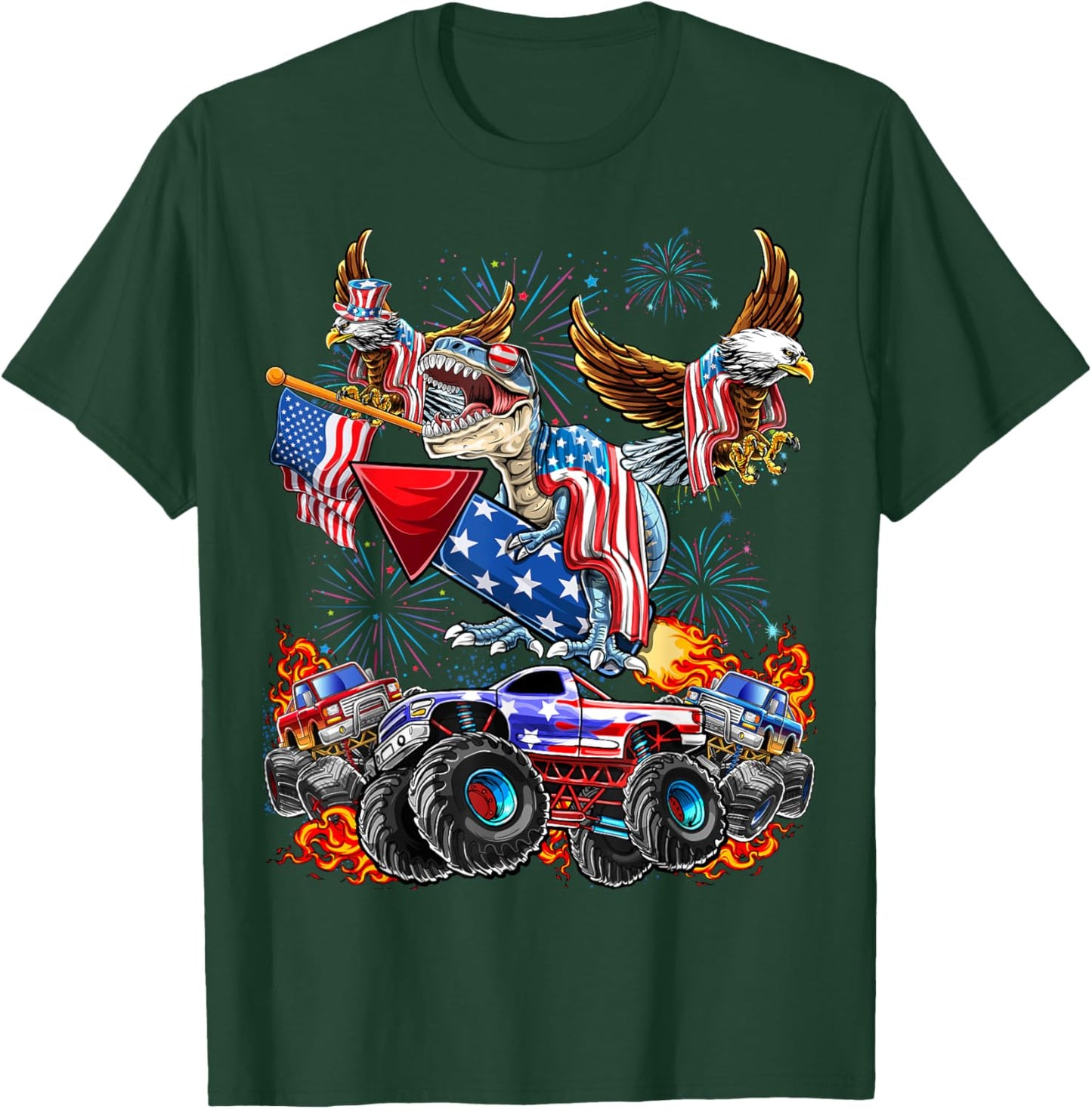 4th of July Dinosaur Monster Truck Bald Eagle American Flag T-Shirt - T-Shirt | Forest