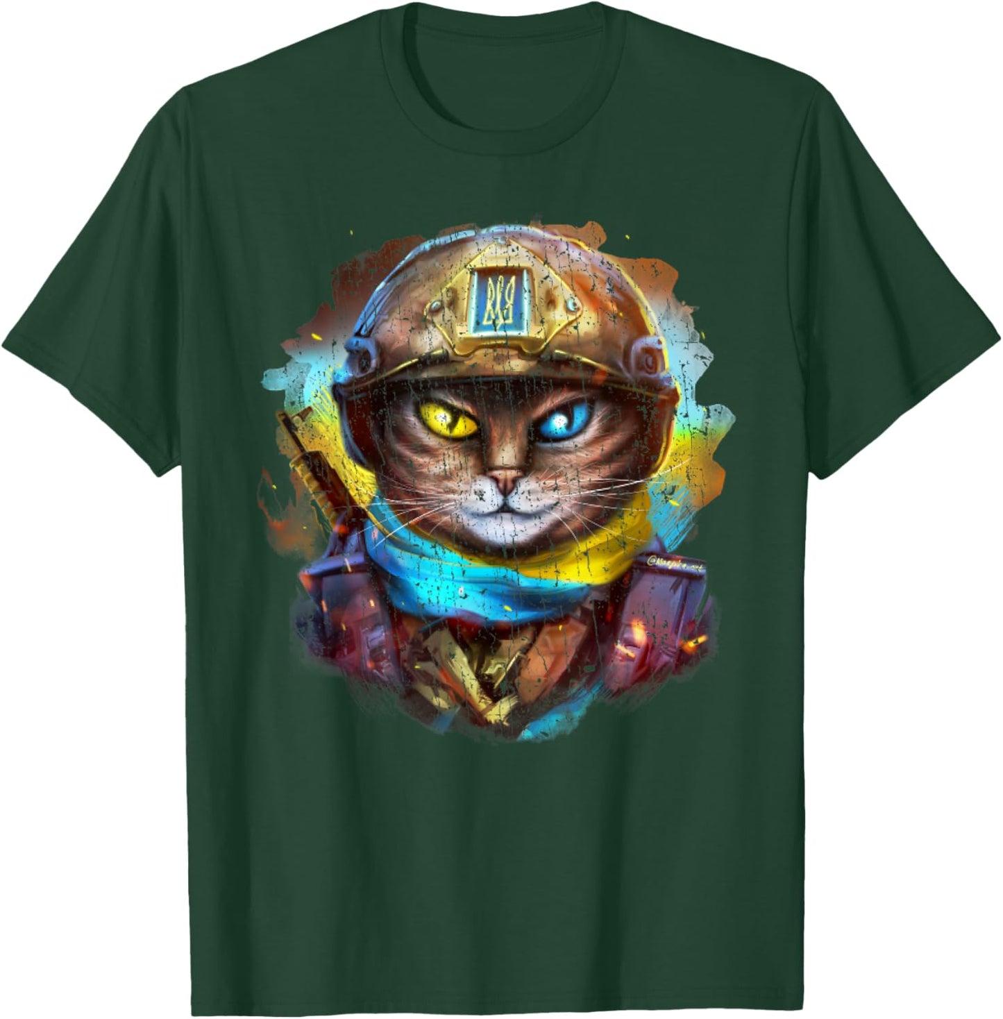 Funny Cat Ukrainian Soldier Flag Vintage Support Ukraine Women Kids T-Shirt - T-Shirt | Forest