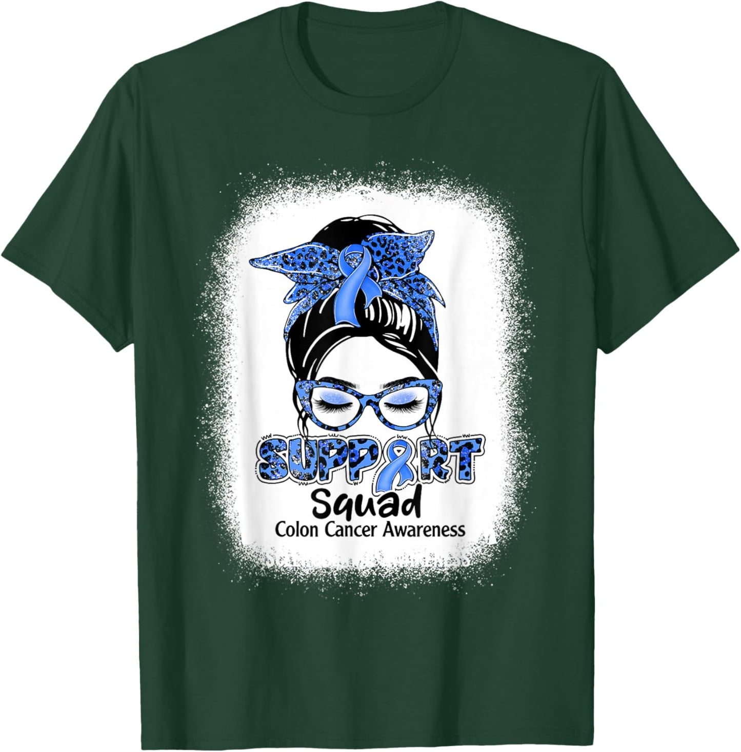 Support Squad Messy Bun Blue Ribbon Colon Cancer Awareness T-Shirt - T-Shirt | Forest