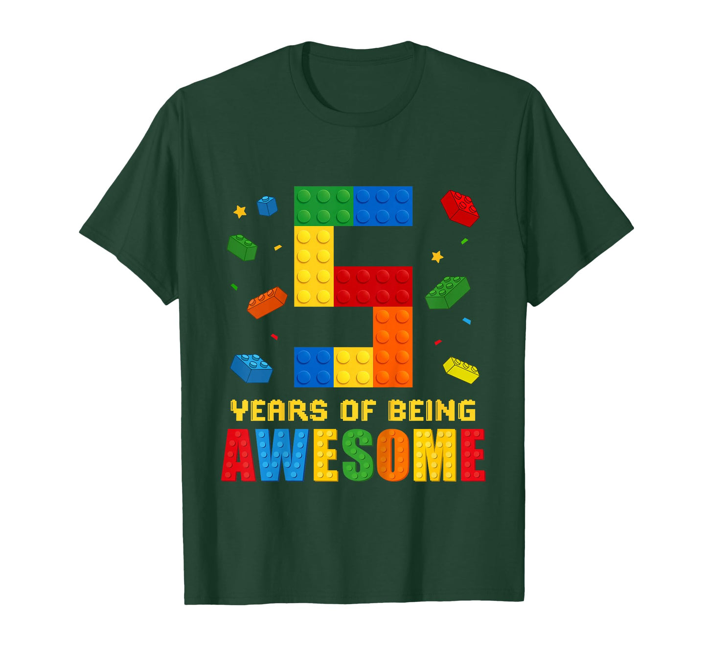 Kids 5 Year Old Birthday Boy Being Awesome Building Bricks 5th T-Shirt
