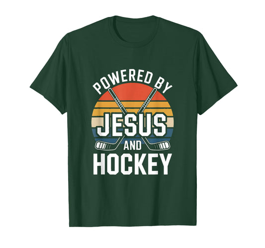 Powered by Jesus and Hockey Christian Ice Hockey T-Shirt