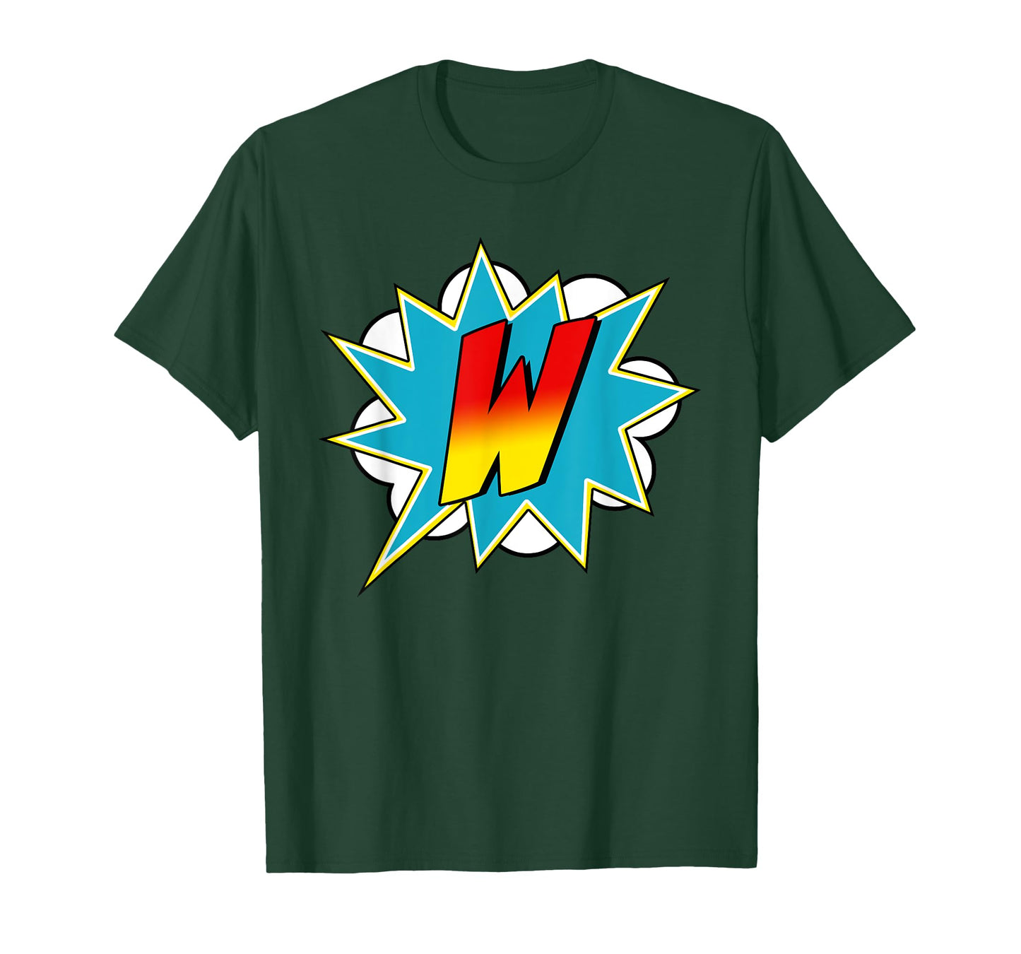 Letter Superhero Name Comic Costume T-Shirt - Black W Superhero Comic Design - Unisex Kids & Adults - Short Sleeve - Medium Size