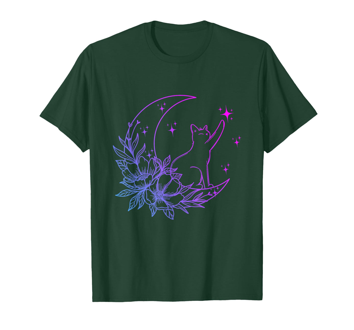Cat Sitting On Crescent Moon Flowers Stars Women Girls Kids T-Shirt