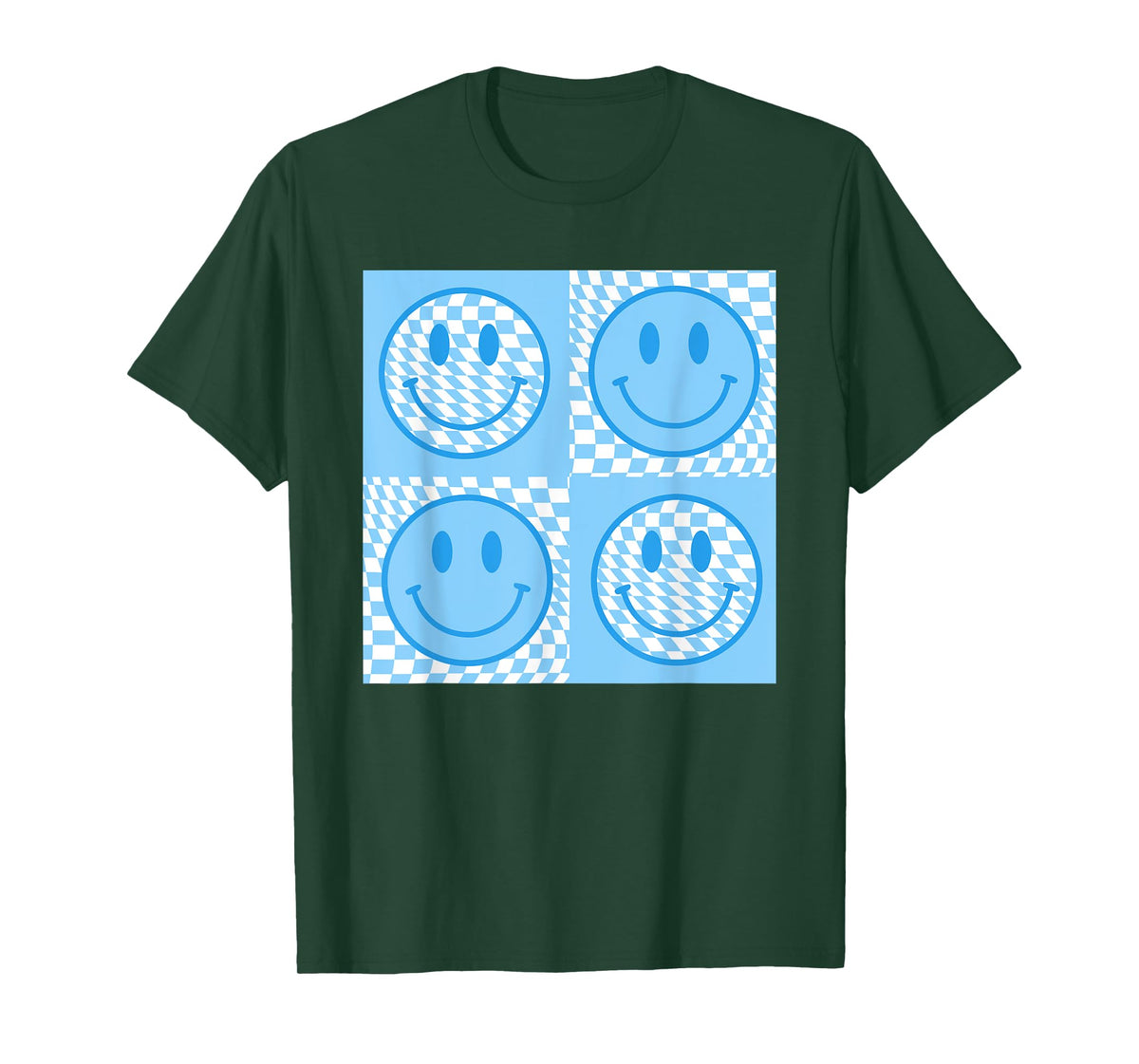 Checkered Pattern Smile Face Meme Blue Happy Face Colorful T-Shirt