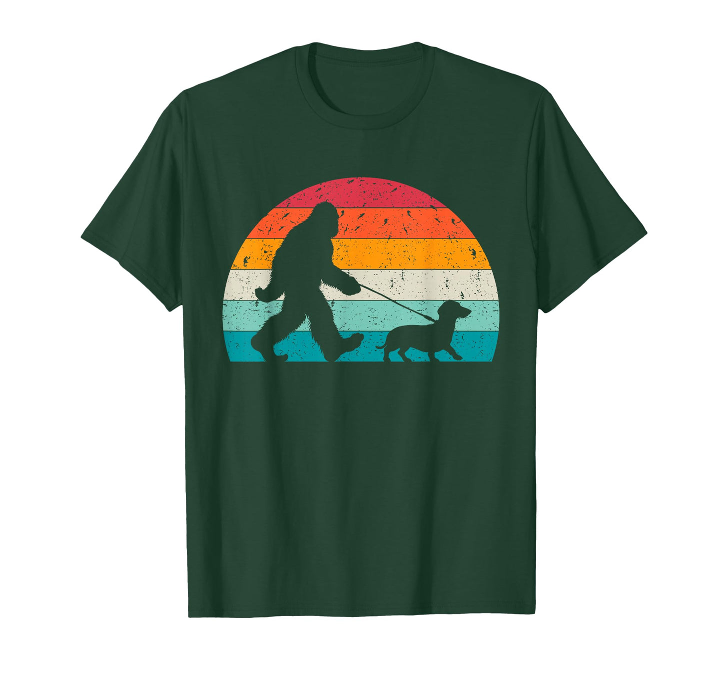 Retro Sasquatch Lover Doxie Wiener Dog Walker Bigfoot Walking a Dog Funny Dachshund Weiner Dog Dad Weenie T-Shirt, Small, Black