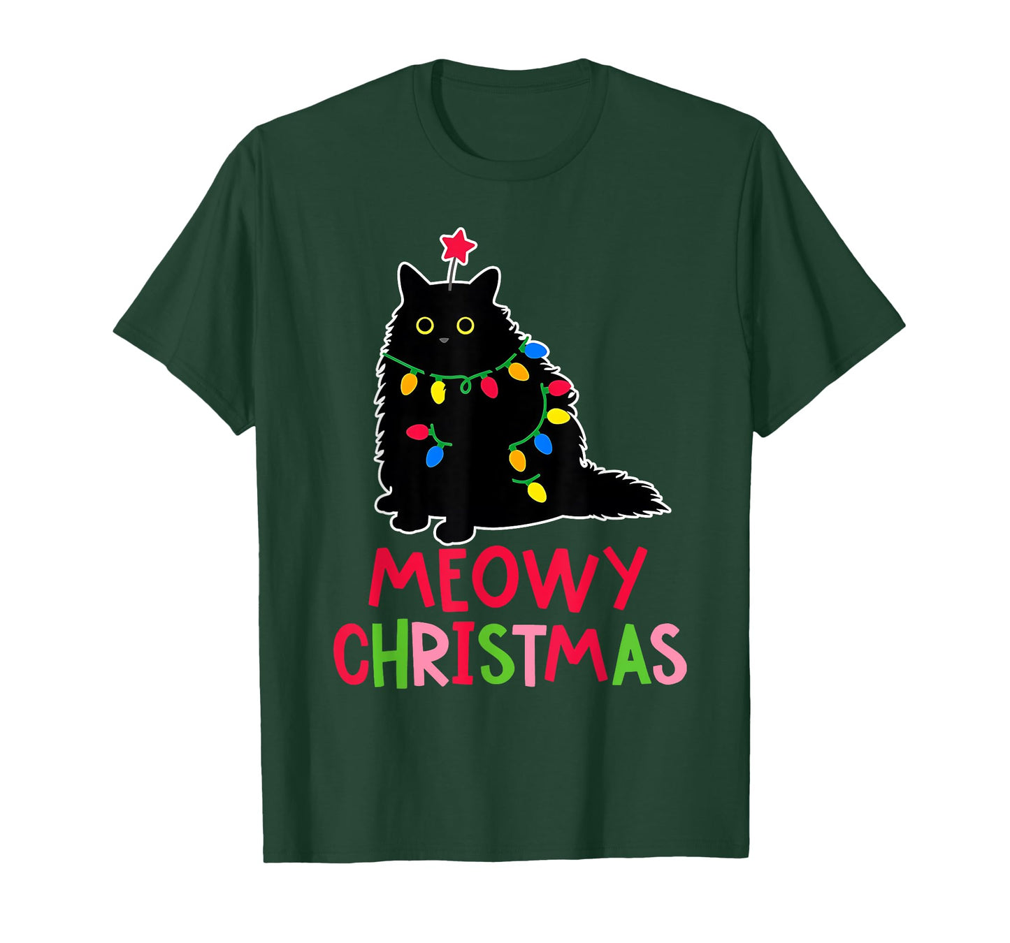 Meowy Christmas Xmas Lights Black Cat Pajamas Family Funny Men Women Kids T-Shirt