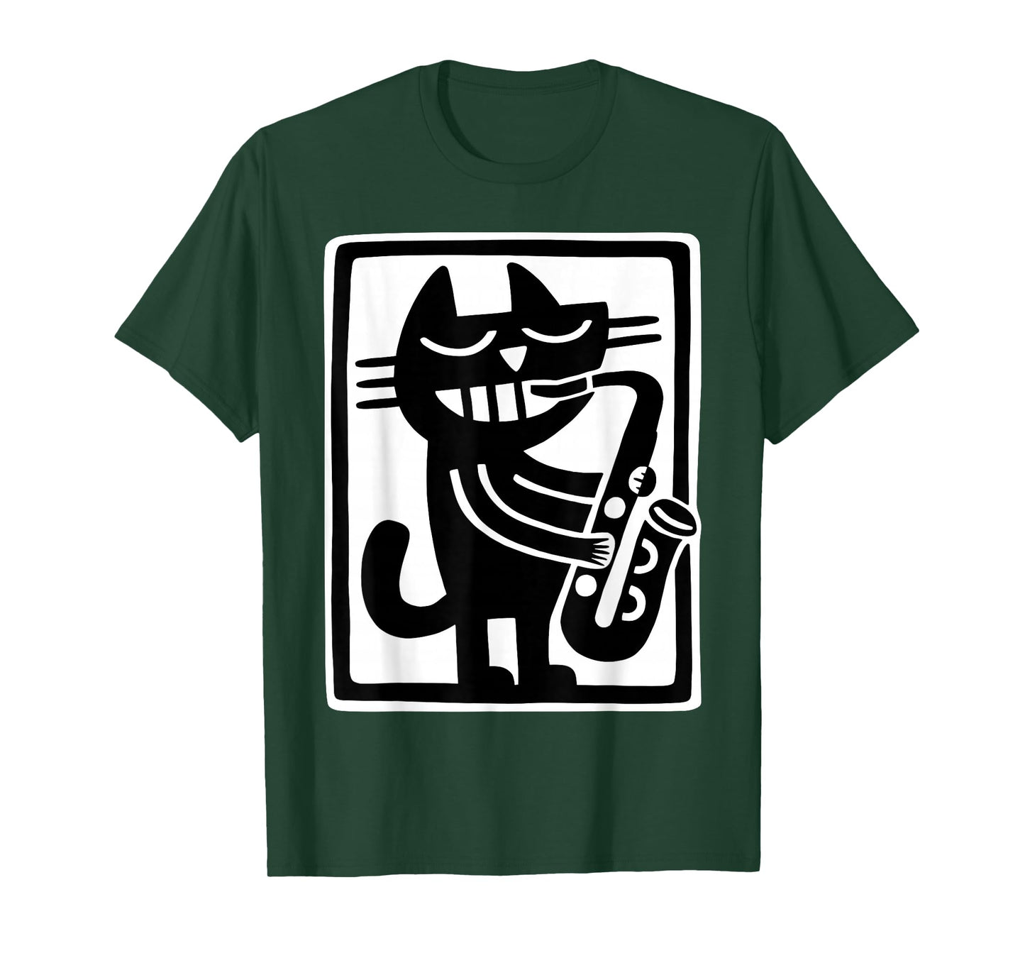 Black Cat Playing Saxophone Jazz Music Retro Art T-Shirt