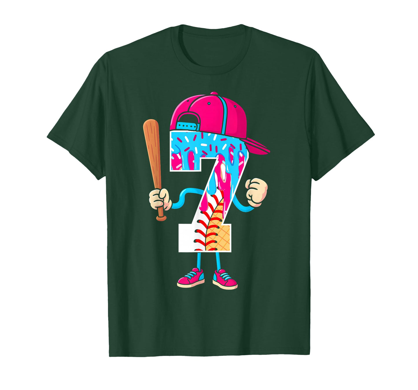 Baseball 7 Year Old Ice Cream Drip 7th Birthday Boy Number 7 T-Shirt
