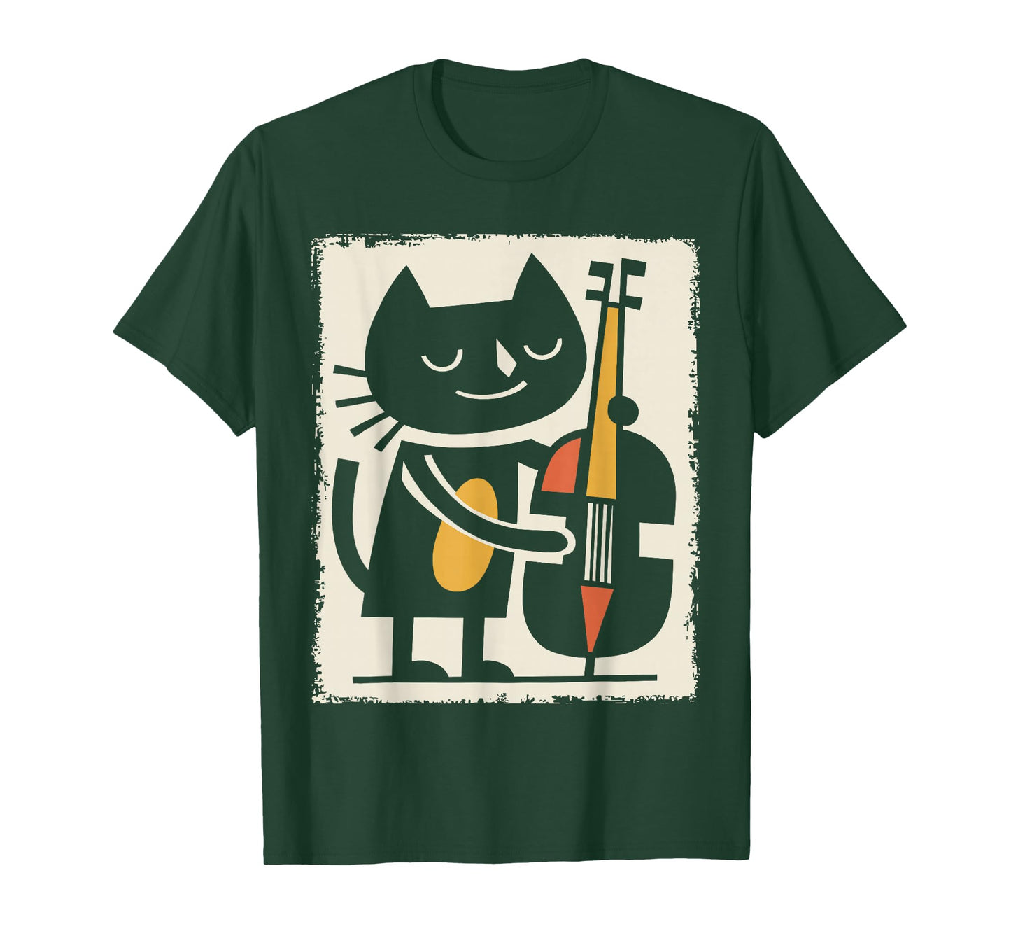 Retro Cat Upright Bass Illustration Jazz Cartoon Art T-Shirt