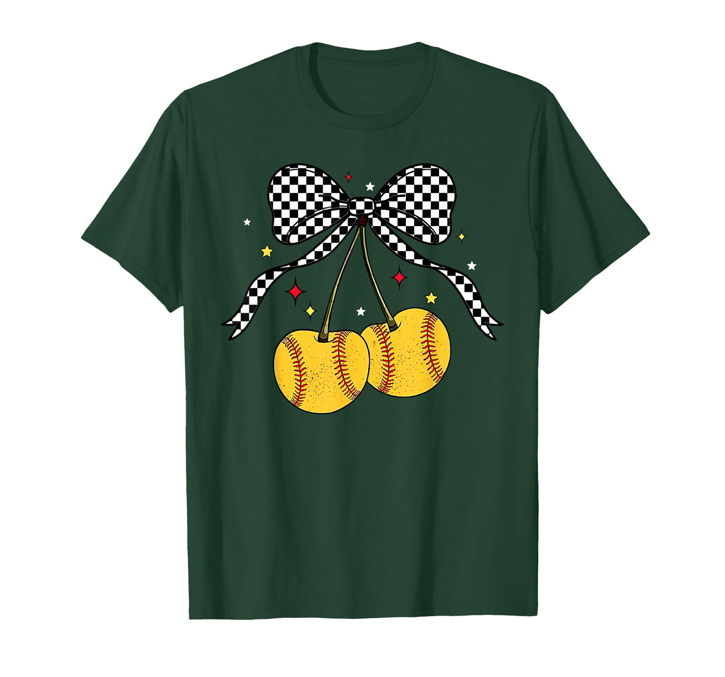 Softball Cherries Coquette Bow Checkered Softball Mom Girl T-Shirt