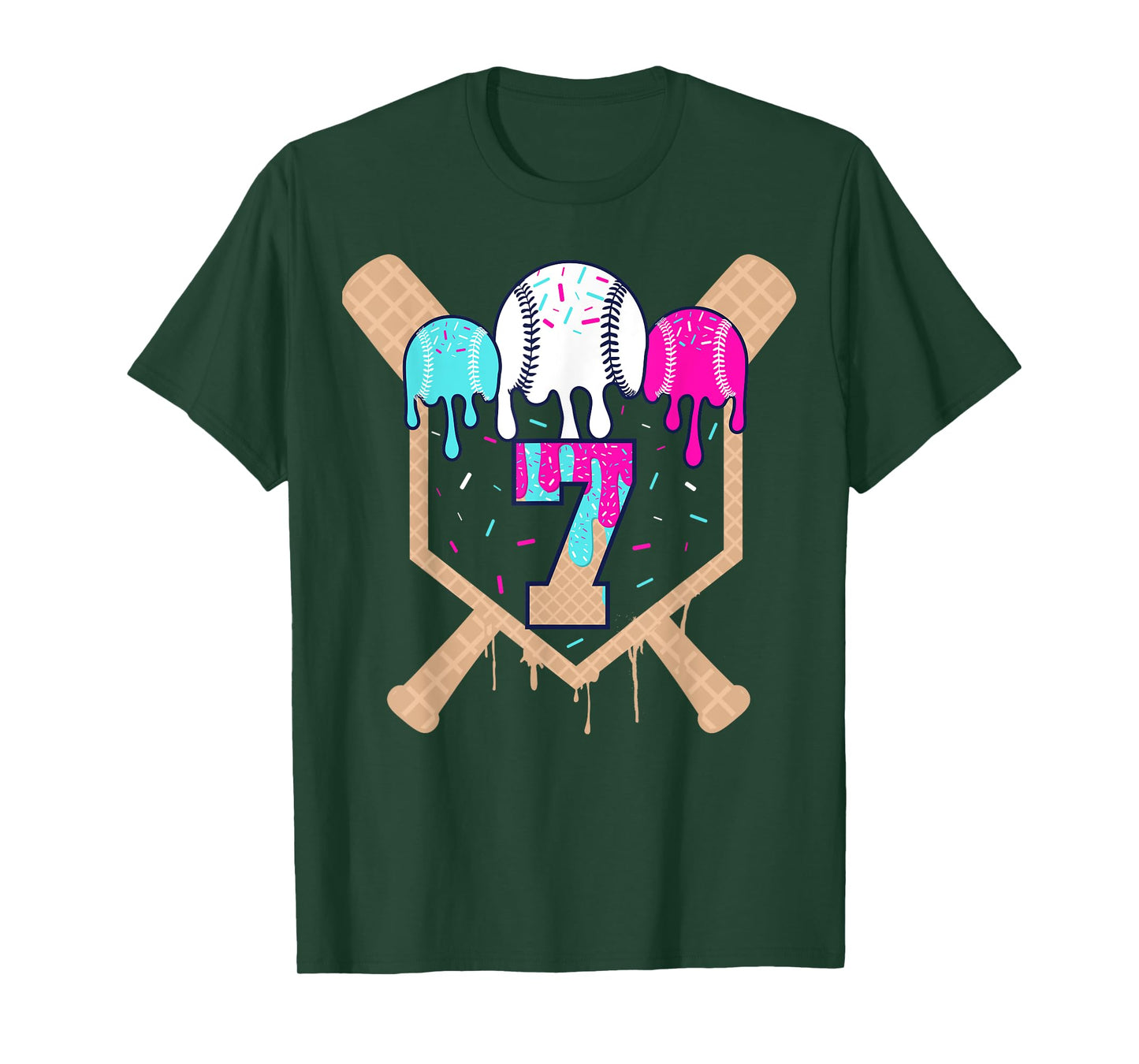 Baseball 7 Year Old Ice Cream Drip 7th Birthday Boy Number 7 T-Shirt