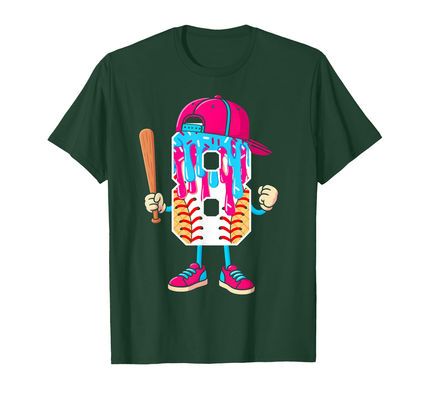 Baseball 8 Year Old Ice Cream Drip 8th Birthday Boy Number 8 T-Shirt