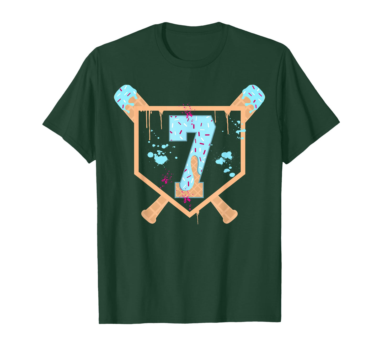Baseball 7 Year Old Ice Cream Drip 7th Birthday Boy Number 7 T-Shirt
