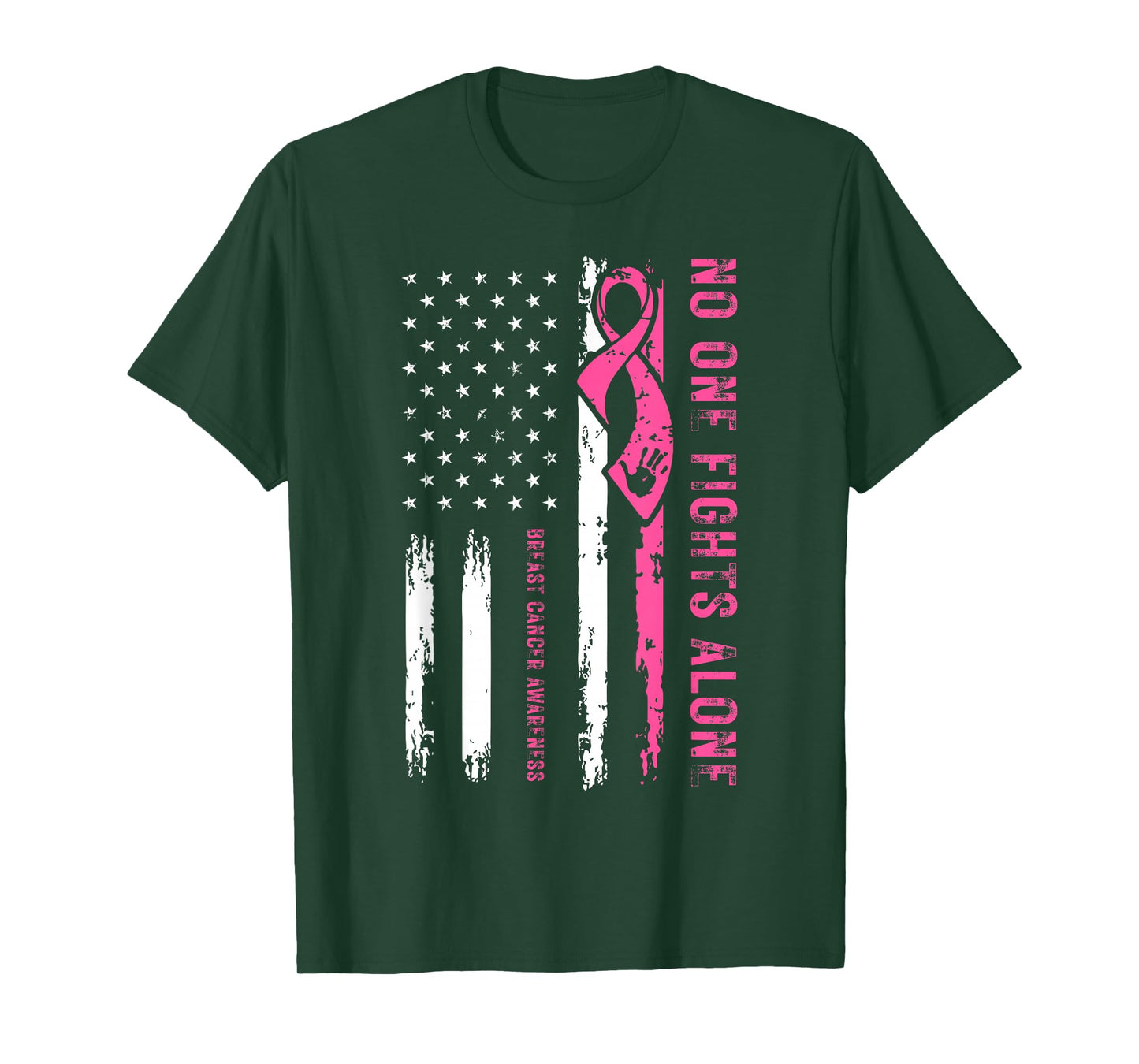 No One Fight Breast Cancer Alone Pink Ribbon American Flag T-Shirt