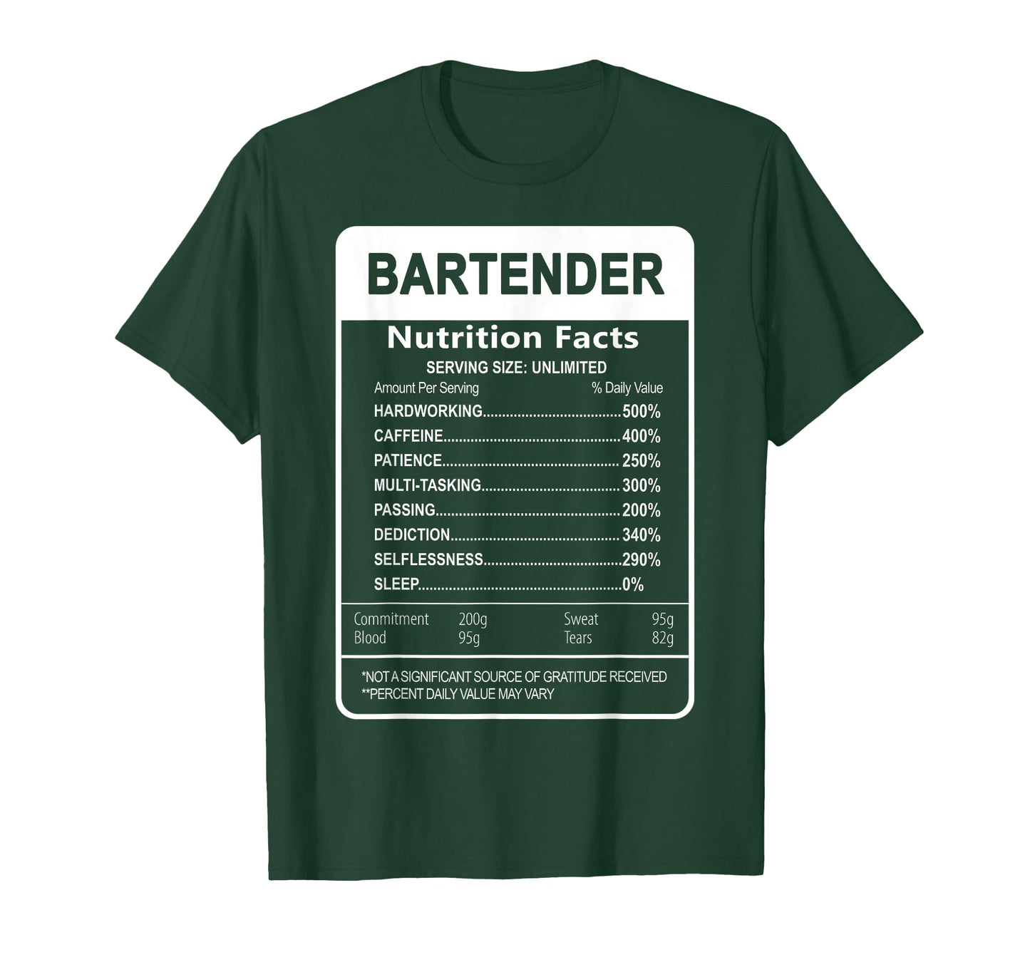 Bartender Nutrition Facts Sarcastic Graphic T-Shirt