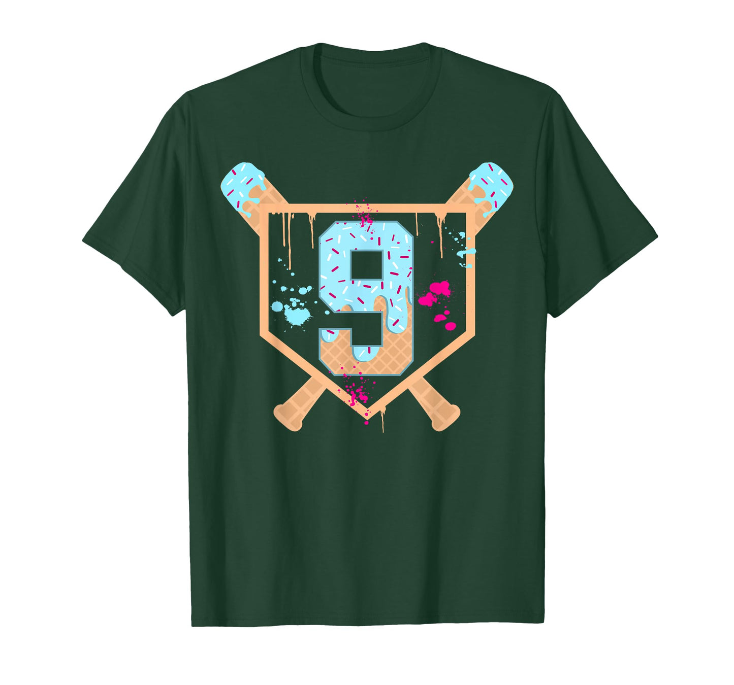 Baseball 9 Year Old Ice Cream Drip 9th Birthday Boy Number 9 T-Shirt