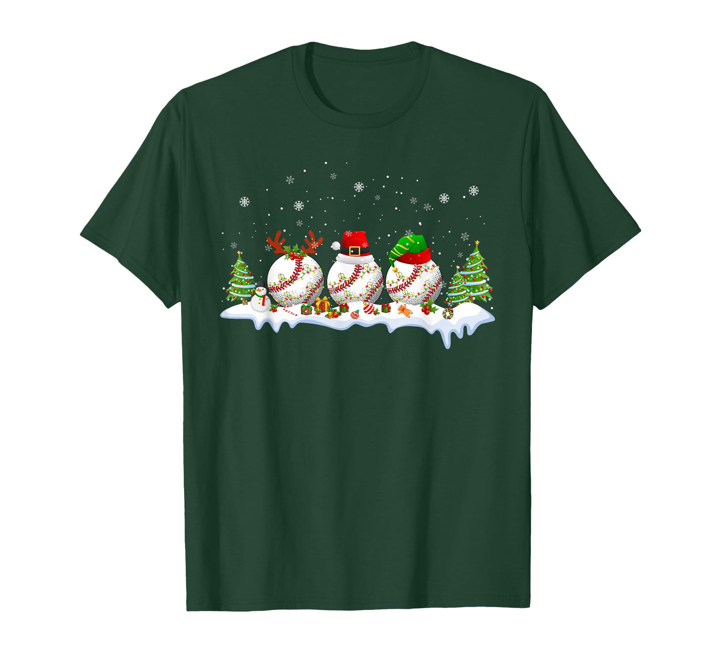Santa Elf Reindeer Baseball Balls Xmas Tree Lights Christmas T-Shirt