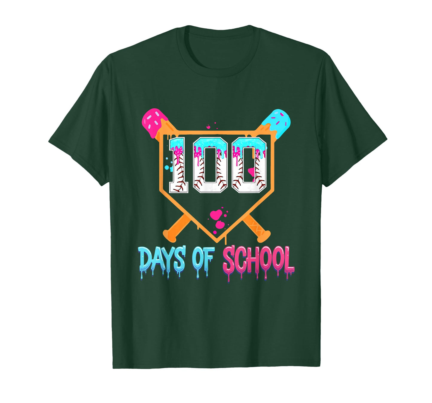100 Days of School Baseball Ice Cream Drip 100th Day School T-Shirt