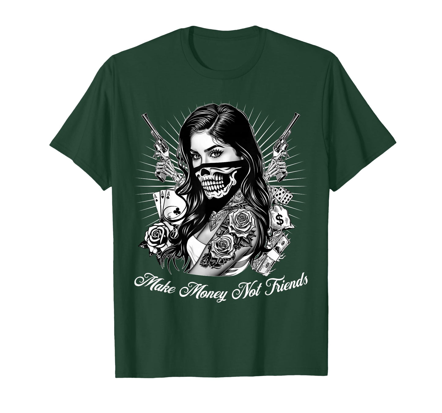 Make Money Not Friends Chicano Gangsta Girl Skull Bandana T-Shirt