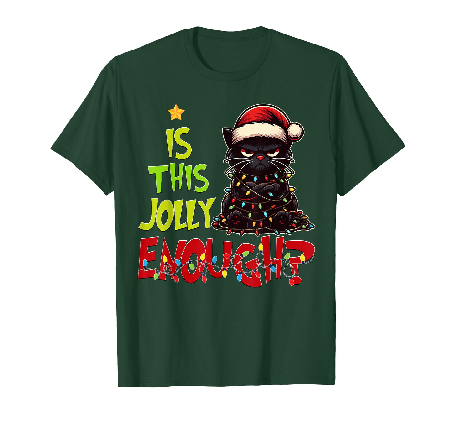 Black Cat Christmas Tree Lights Cute Santa Hat Xmas T-Shirt