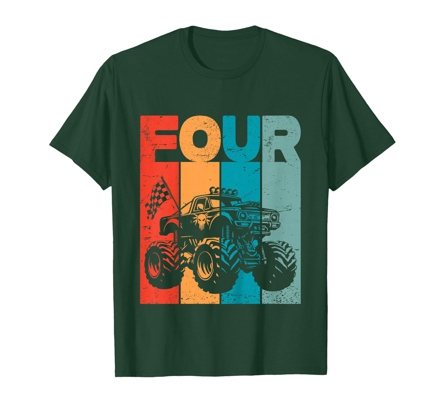 Kids 4th Birthday Monster Truck Four Retro 4 Years Old Bday Boys T-Shirt