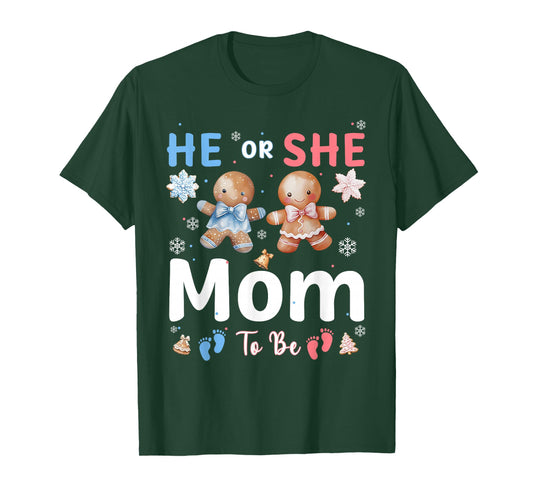 He or She Mom to Be Christmas Gingerbread Gender Reveal T-Shirt