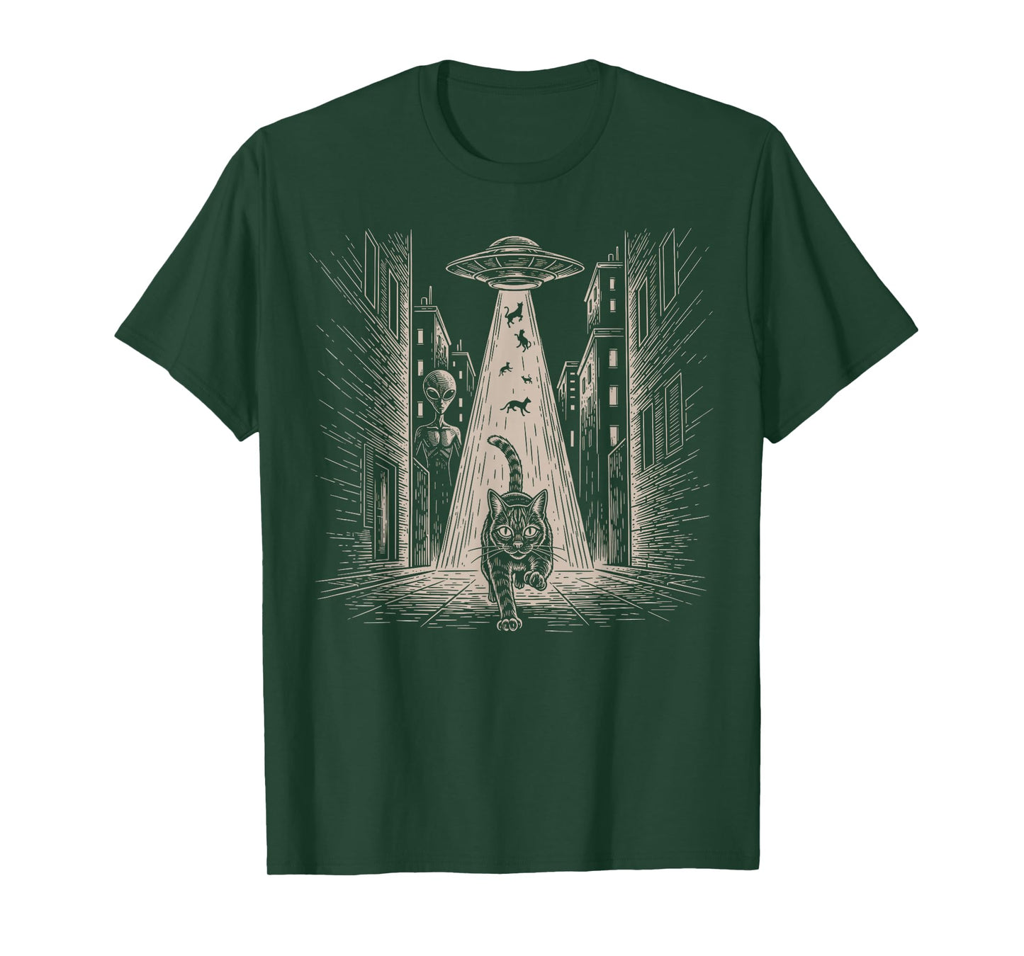 Funny Cat Running from Aliens Vintage Meme Sci-Fi Graphic T-Shirt