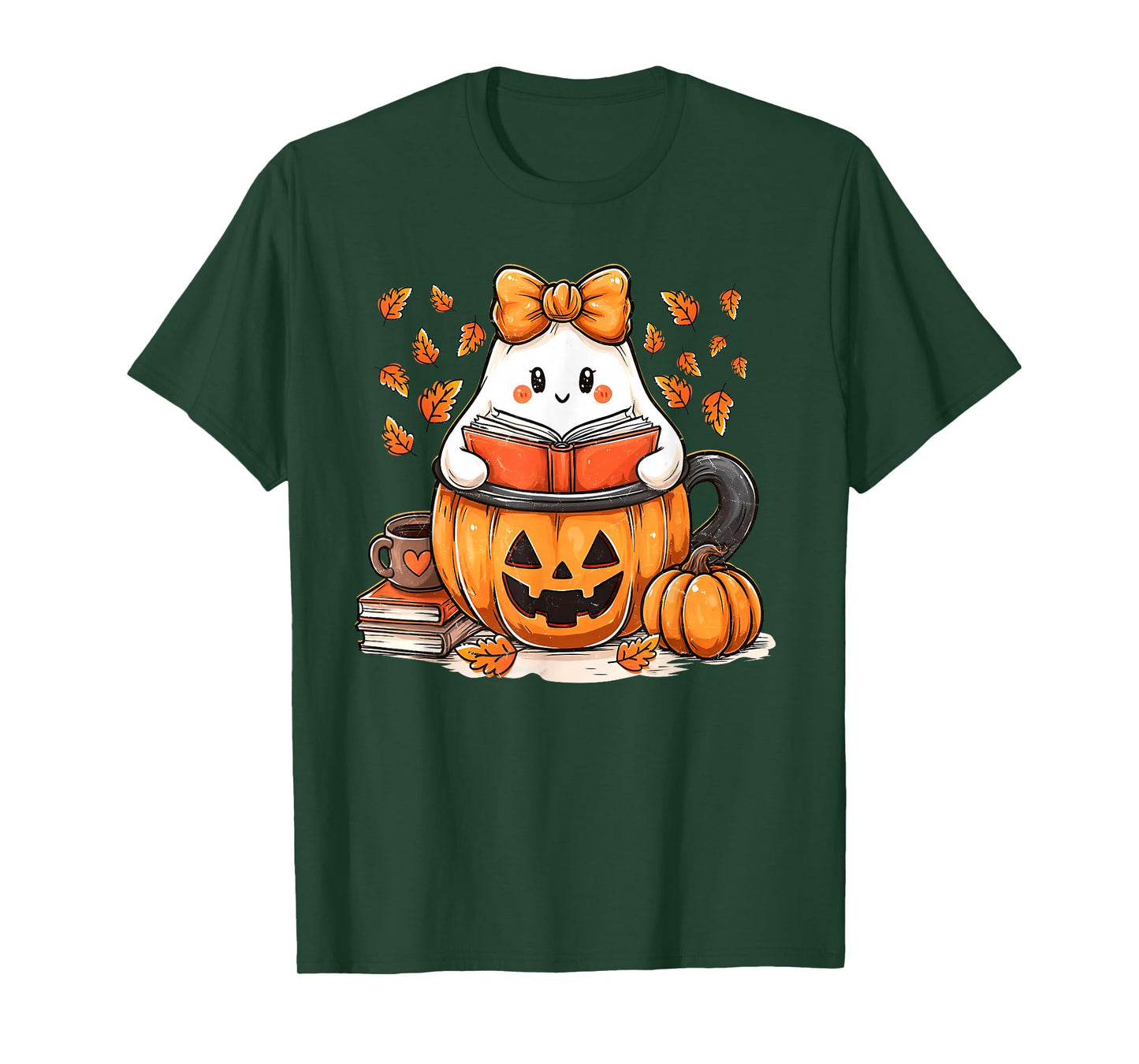 Ghost Reading Book Teacher Thanksgiving Autumn Fall Leaves T-Shirt