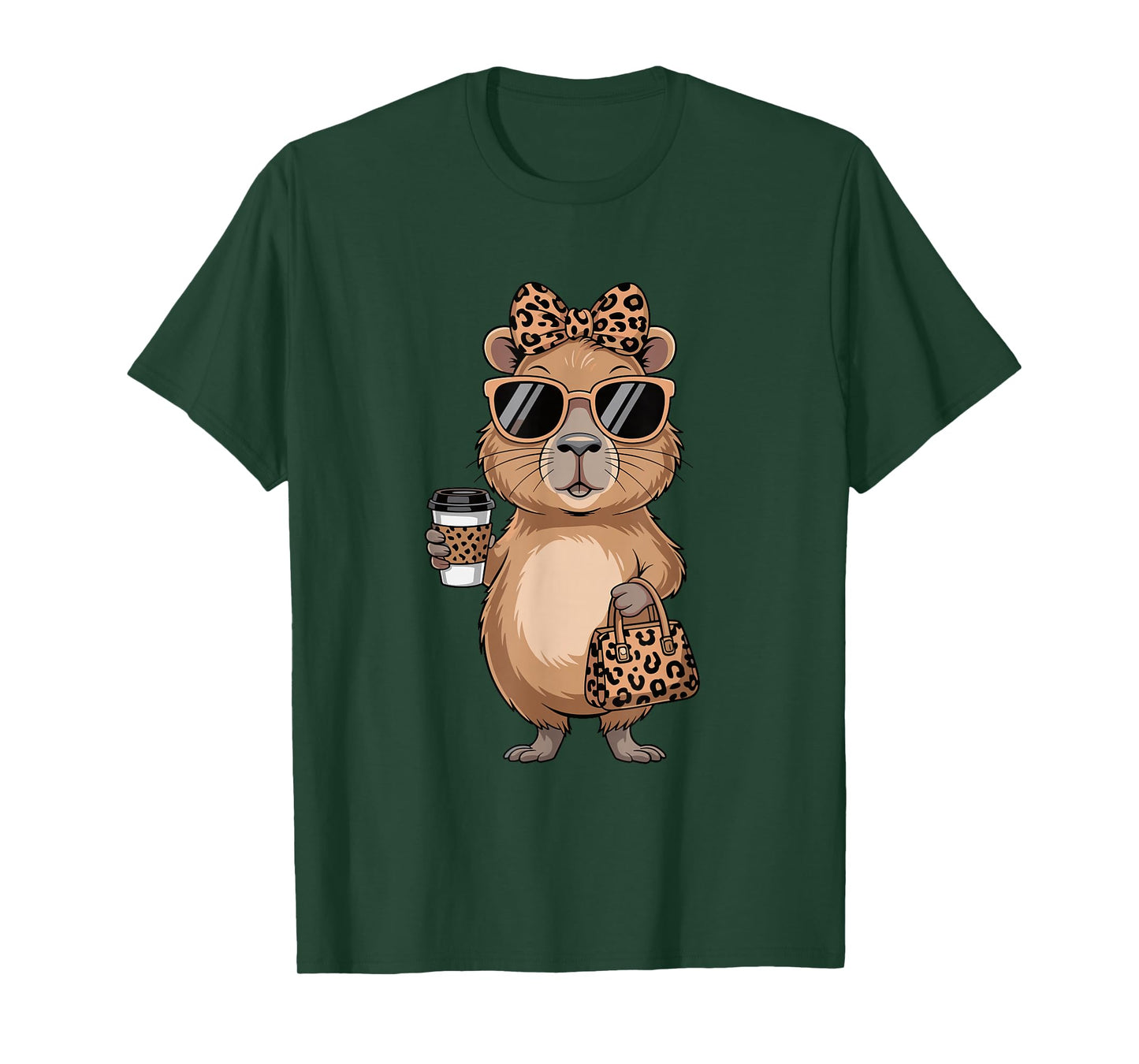 Fashion Funny Leopard Capybara Coffee Cute Women Girls T-Shirt