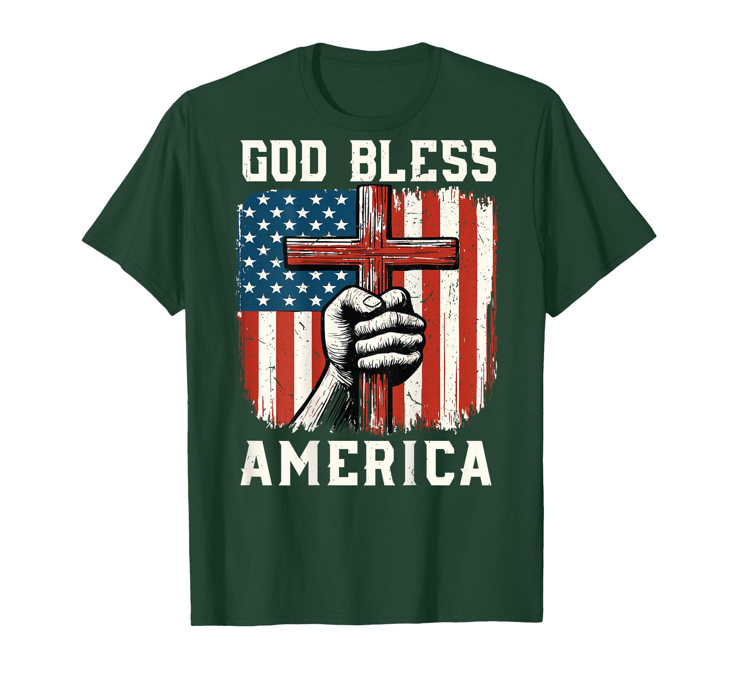 On-Back God Bless America Christian Patriotic Cross USA Flag T-Shirt