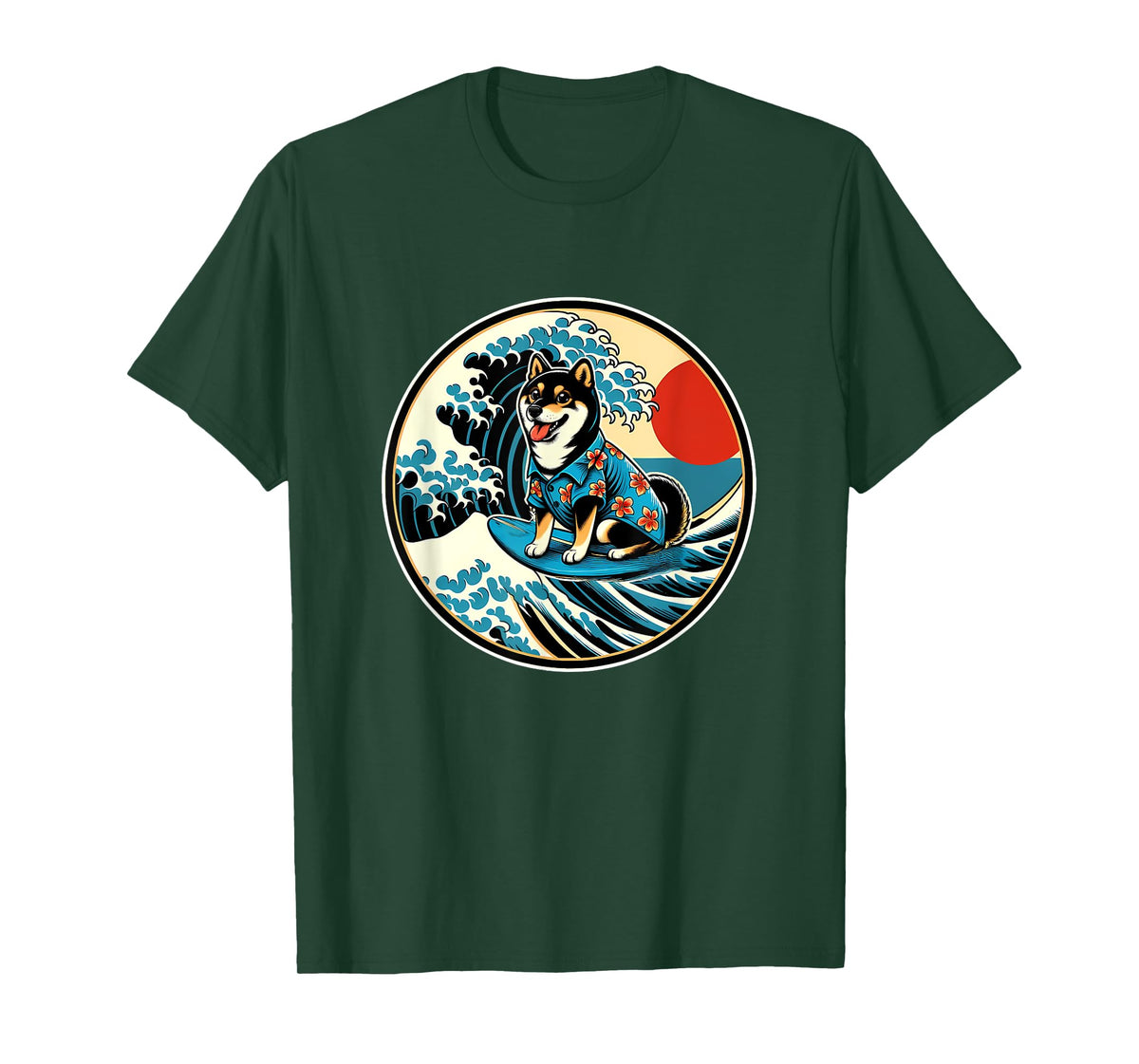 Great Wave Kanagawa Black and tan Shiba Inu Surfing T-Shirt