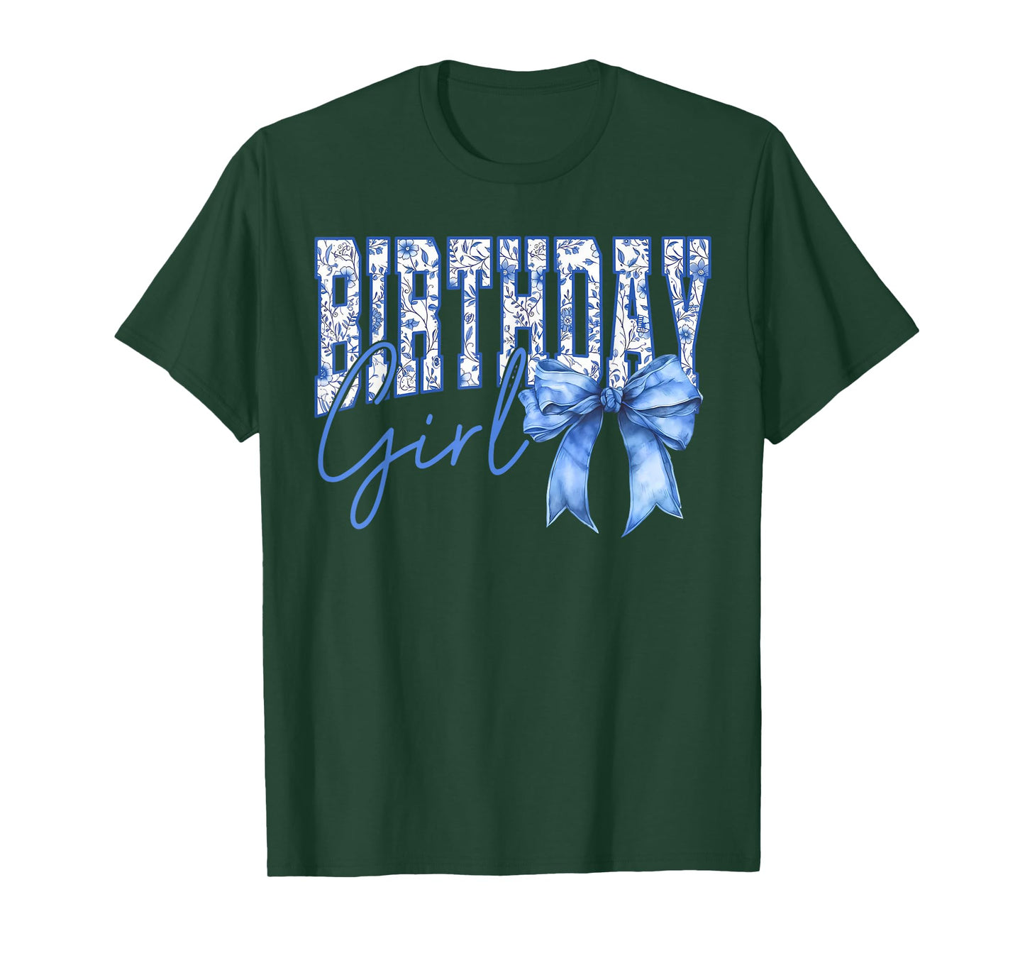 Birthday Girl Coquette Blue Toile Bow Girly Aesthetic Kids T-Shirt