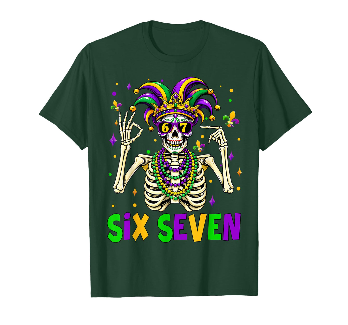 Funny 67 Mardi Gras Skeleton 6 7 Meme Mask Beads Six Seven T-Shirt