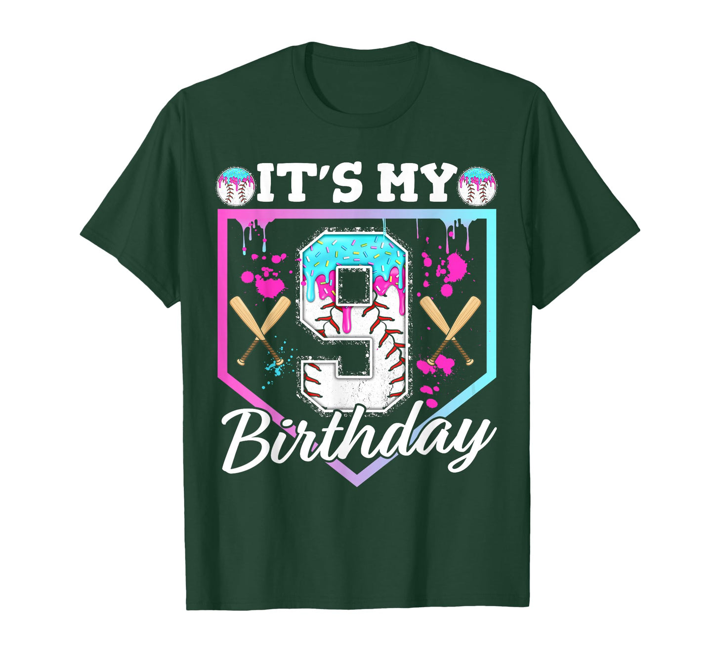 Baseball Drip 9 Year Old Ice Cream 9th Birthday Boy Dripping T-Shirt