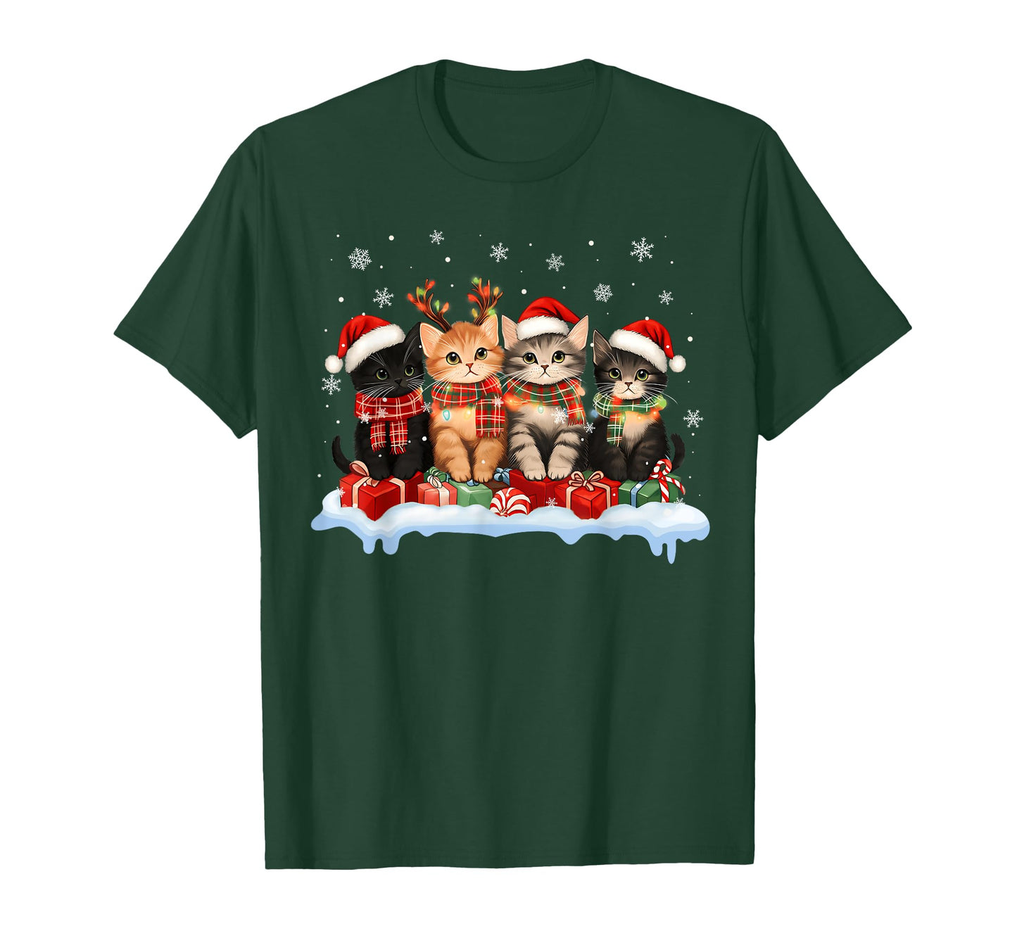 Cat Christmas Light Reindeer Santa Christmas Cat Lover Xmas T-Shirt