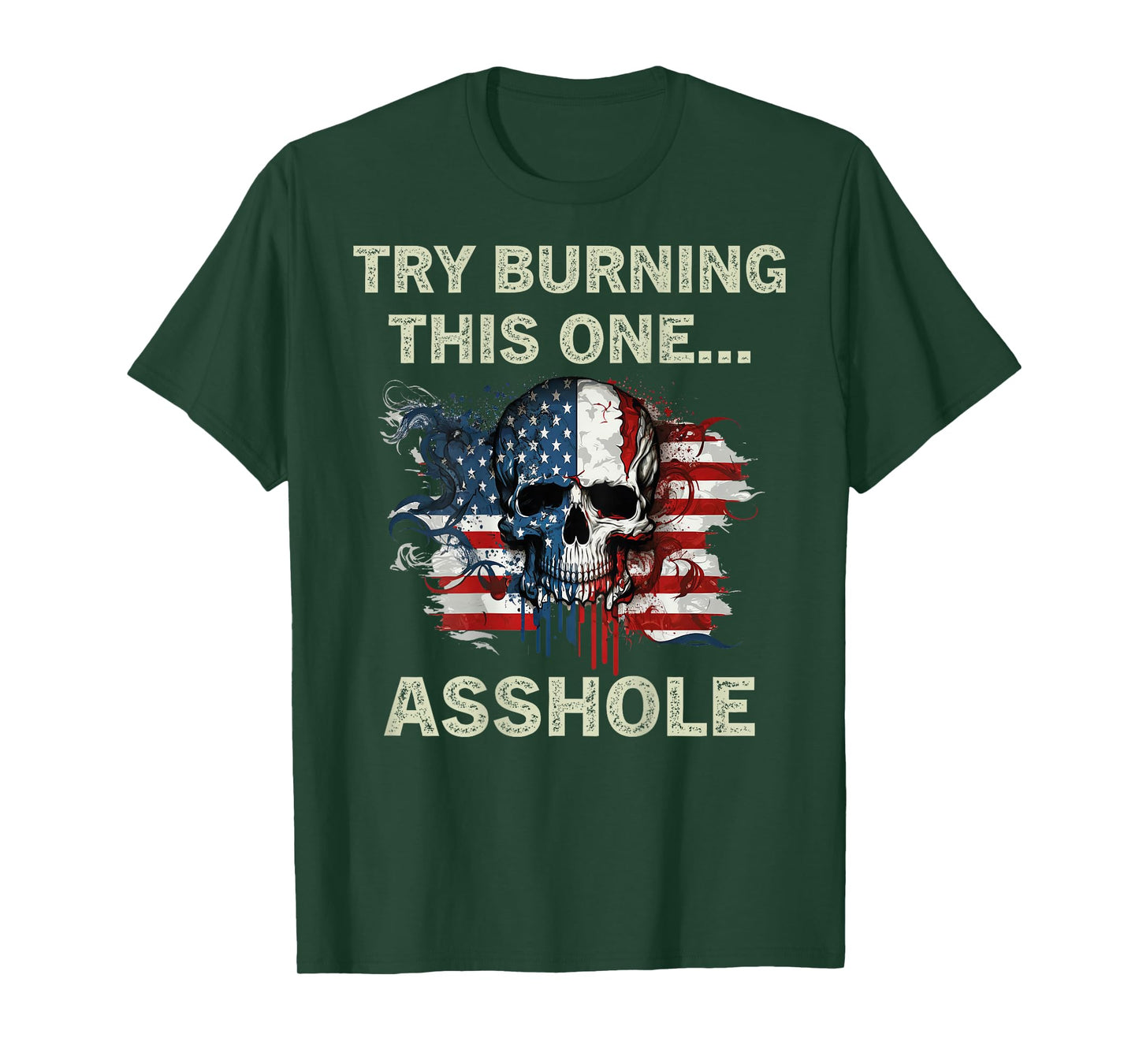 Try Burning This One Asshole USA Flag Skull Vintage On Back T-Shirt