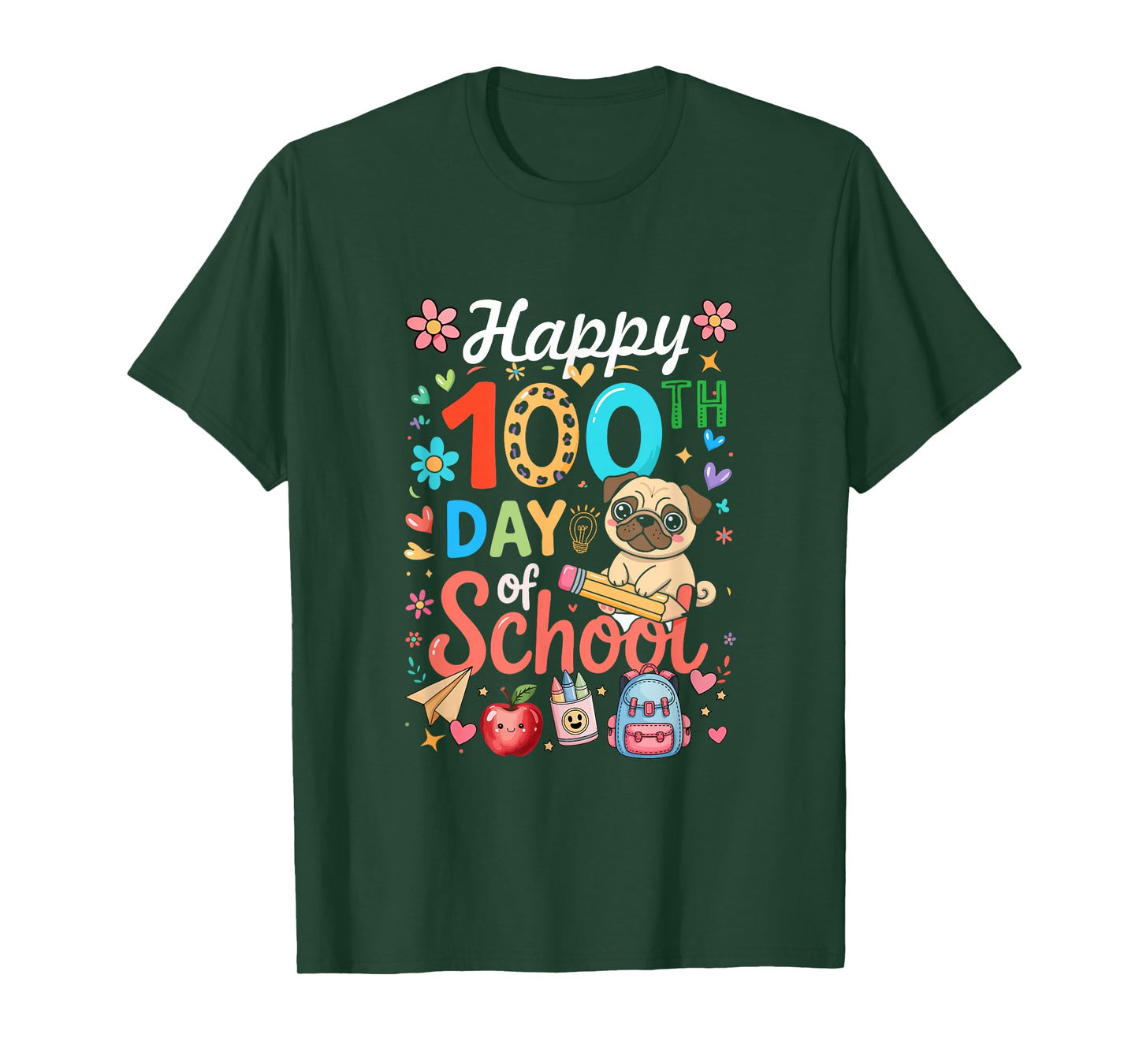 Happy 100th Day of School Colorful Pug Students Teacher T-Shirt