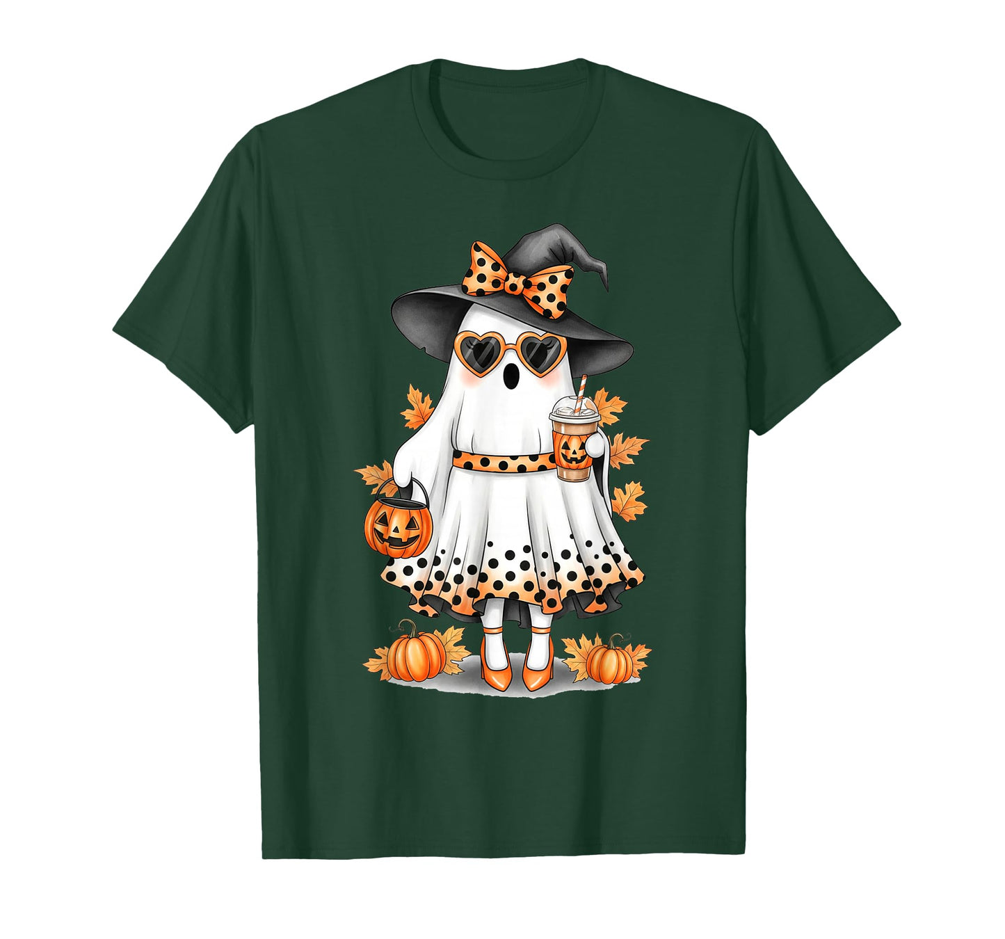 Spooky Cute Ghost Drinking Pumpkin Iced Coffee Halloween Bow T-Shirt