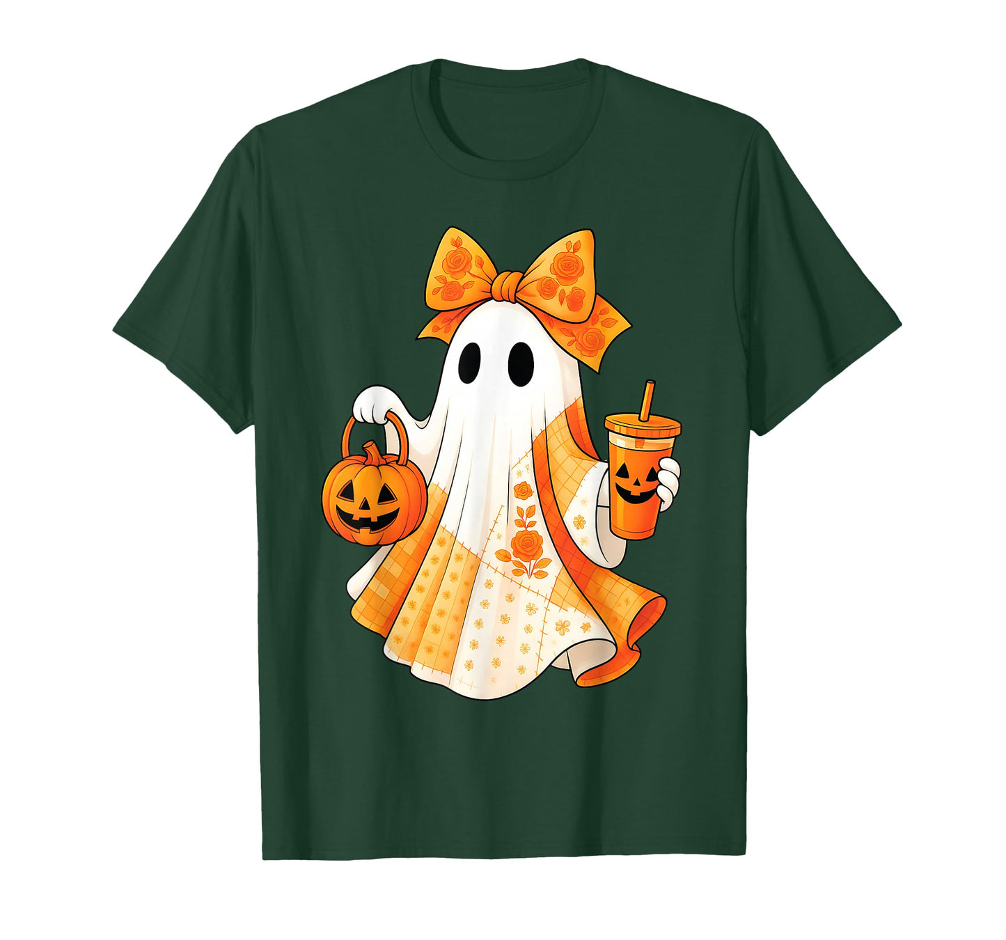 Spooky Cute Ghost Drinking Iced Coffee Pumpkin Bow Halloween T-Shirt