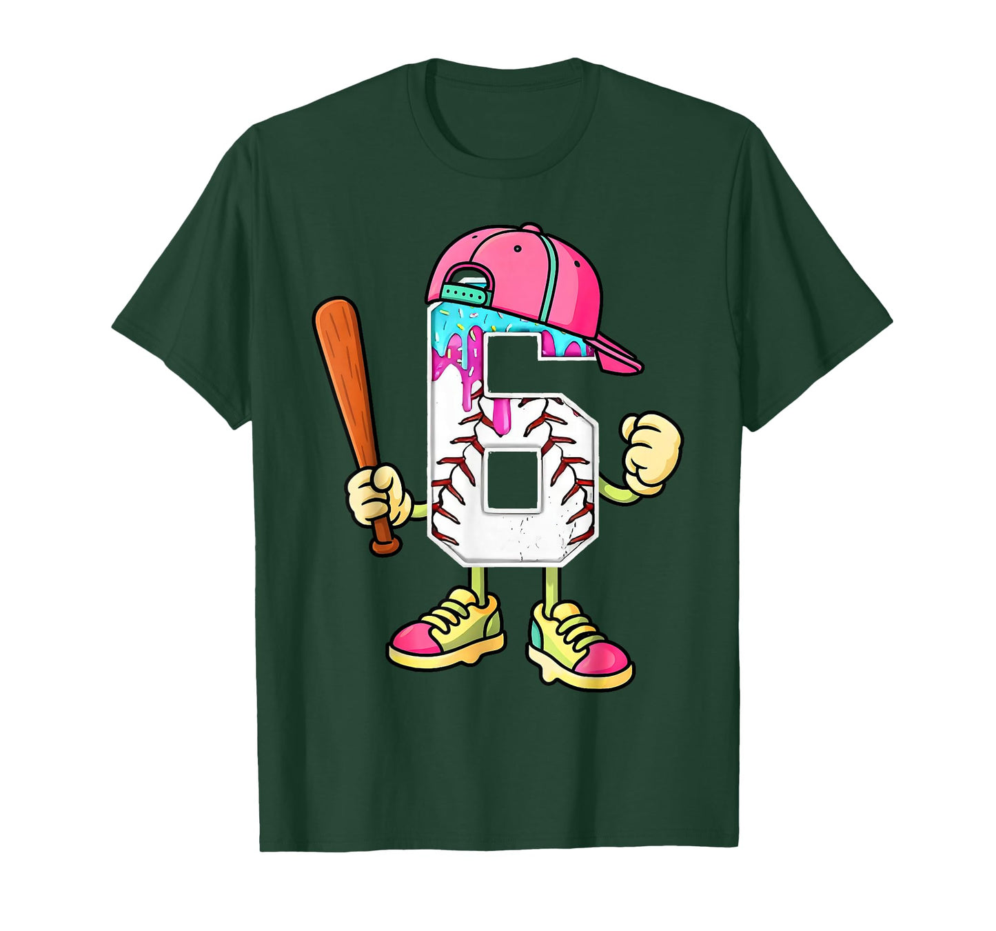 Baseball 6th Birthday Boy Ice Cream Drip 6 Year Old Birthday T-Shirt