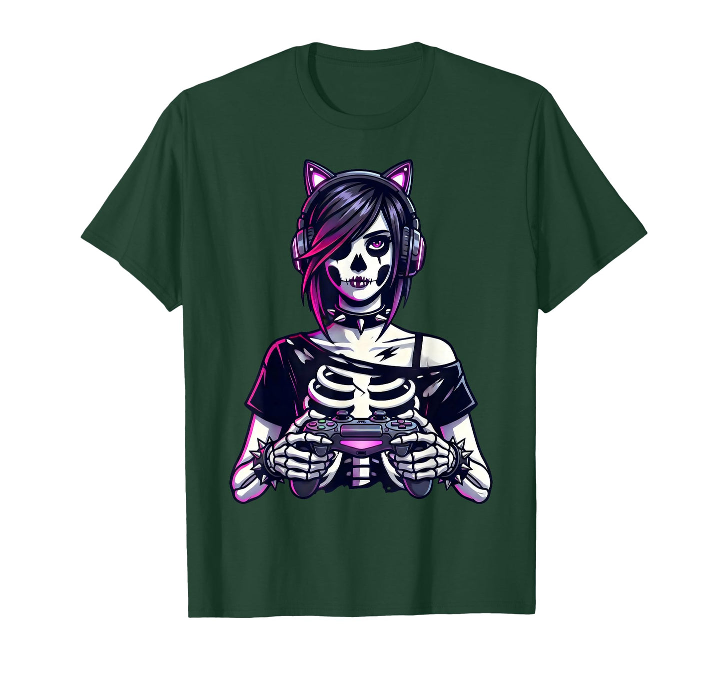 Gamer Goth Girl Emo Skeleton Cat Ear Gothic Art T-Shirt