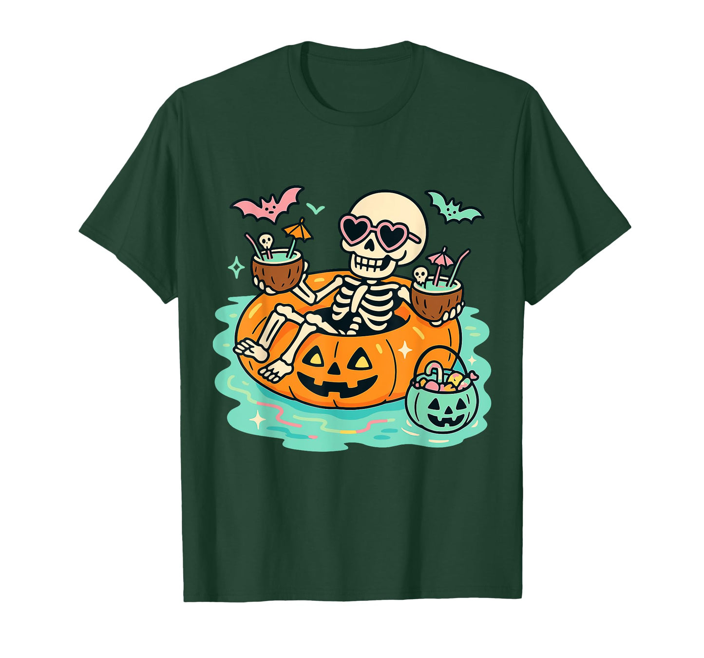 Summer Skeleton in Pumpkin Float Cute Spooky Pool Halloween T-Shirt