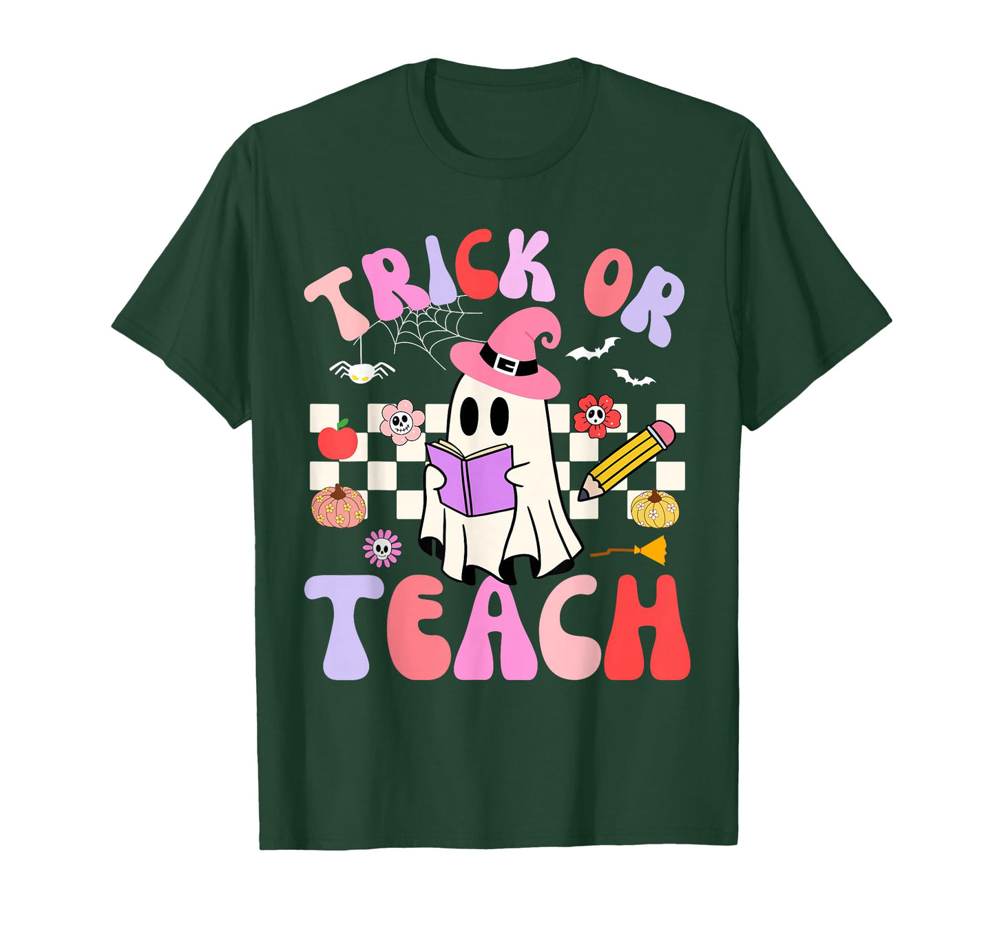 Trick Or Teach Halloween Teacher Floral Ghost Groovy T-Shirt